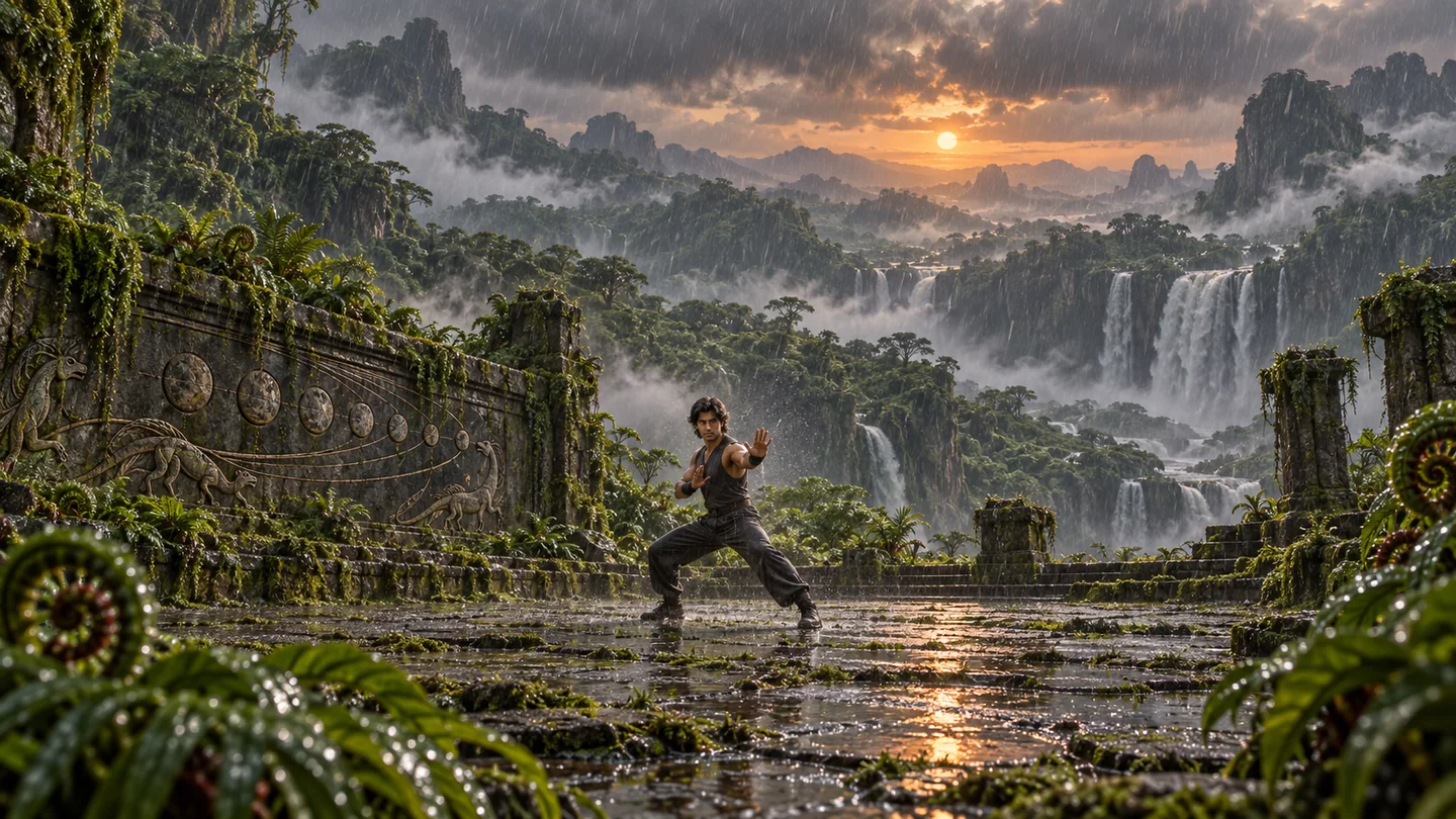 The rainforest, rain, liquid water, waterfalls, terrain, atmosphere, courtyard, relief and human presence are invented. Green plant colors are an artistic choice, not an inferred biology. The low star and cloud lighting are illustrative; no climate model, fixed terminator, observation date or human habitability is claimed.