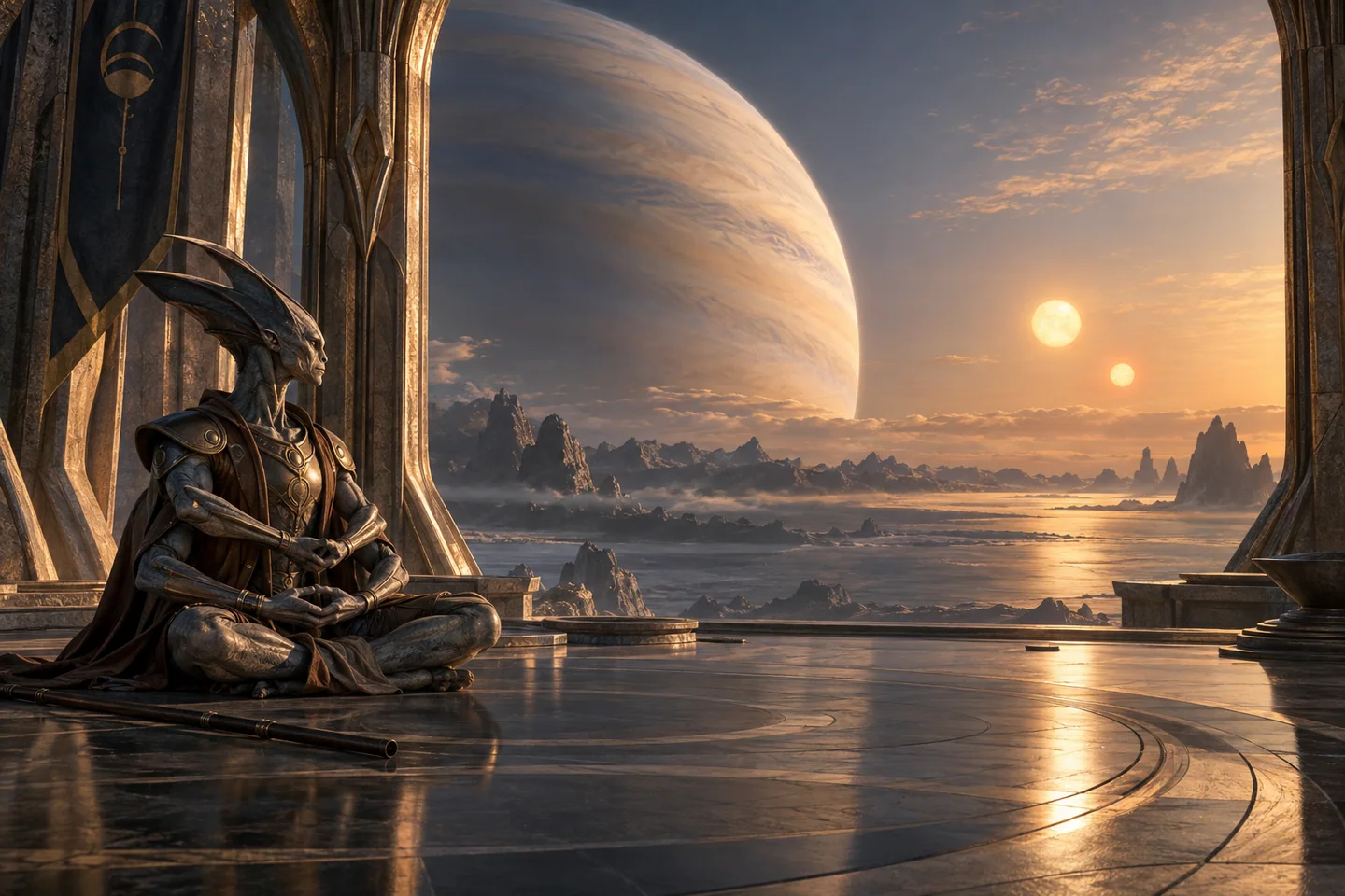 The image uses an invented moon as its viewing platform. The large parent planet and two stellar lights express the real binary architecture, while the satellite, atmospheric sky and apparent arrangement are illustrative.