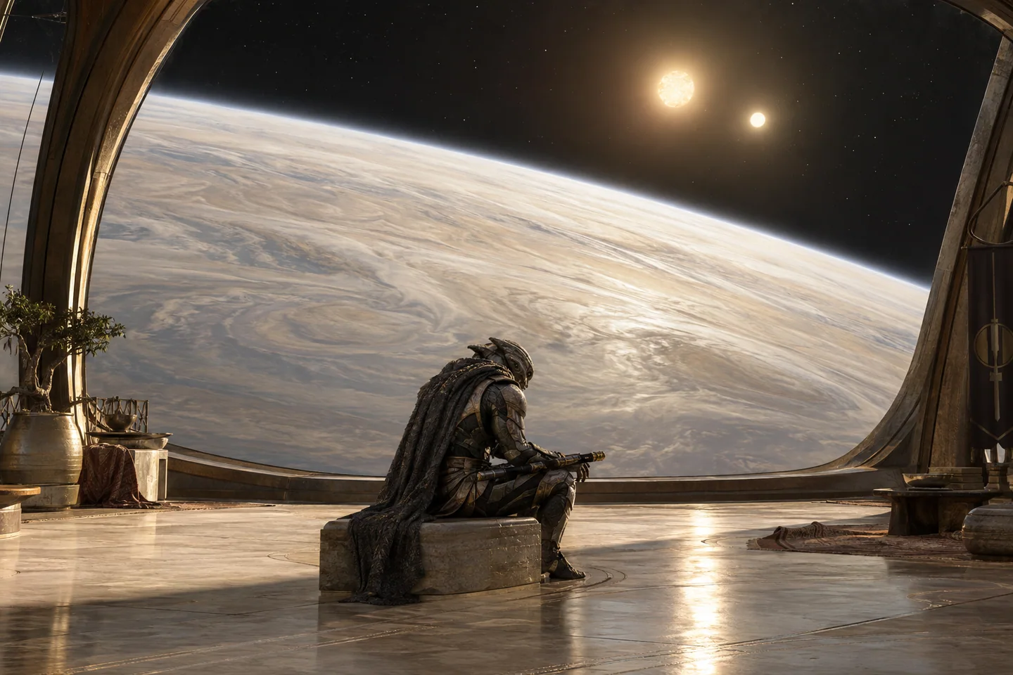 The orbital room is fictional. Its window offers an illustrative view of the binary setting; the displayed stellar phases and apparent sizes are not an ephemeris calculation.