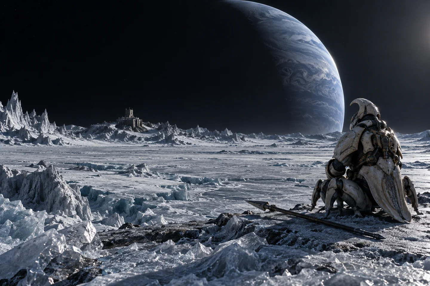 The ice moon in the artwork is invented. Radial-velocity detection does not provide an image of the planet’s clouds, a moon census or a surface map.