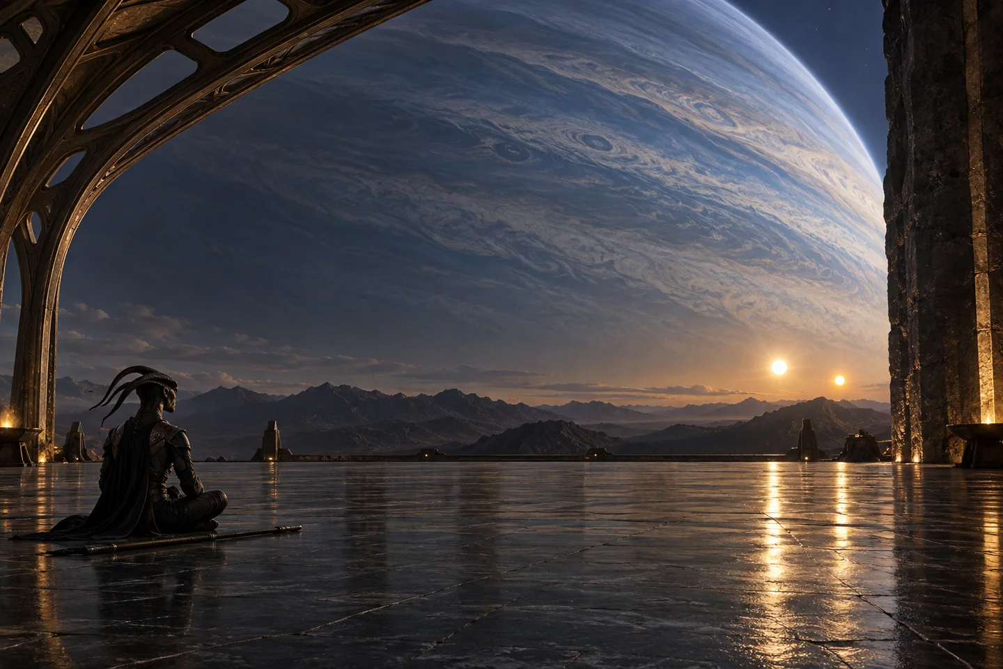 The depicted moon and its atmosphere are fictional. Two real host stars justify the theme of two-source lighting, but not the image’s exact stellar separation, disk sizes or shadows.