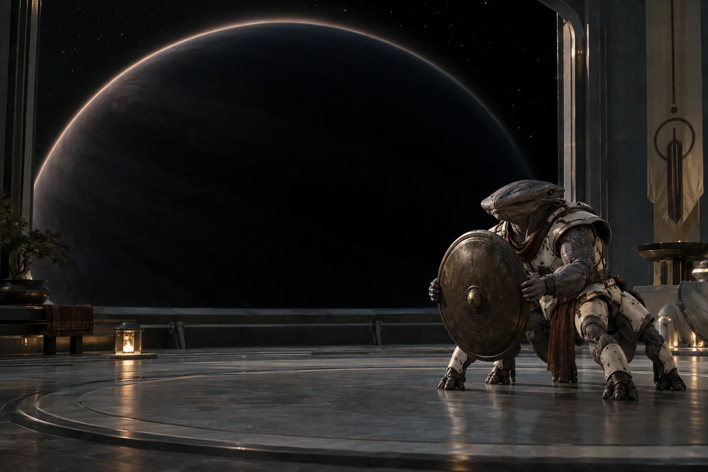 The observer’s eclipse and orbital shelter are invented. The epoch, trajectory and geometry required to hide the stellar disk have not been solved for this illustration.