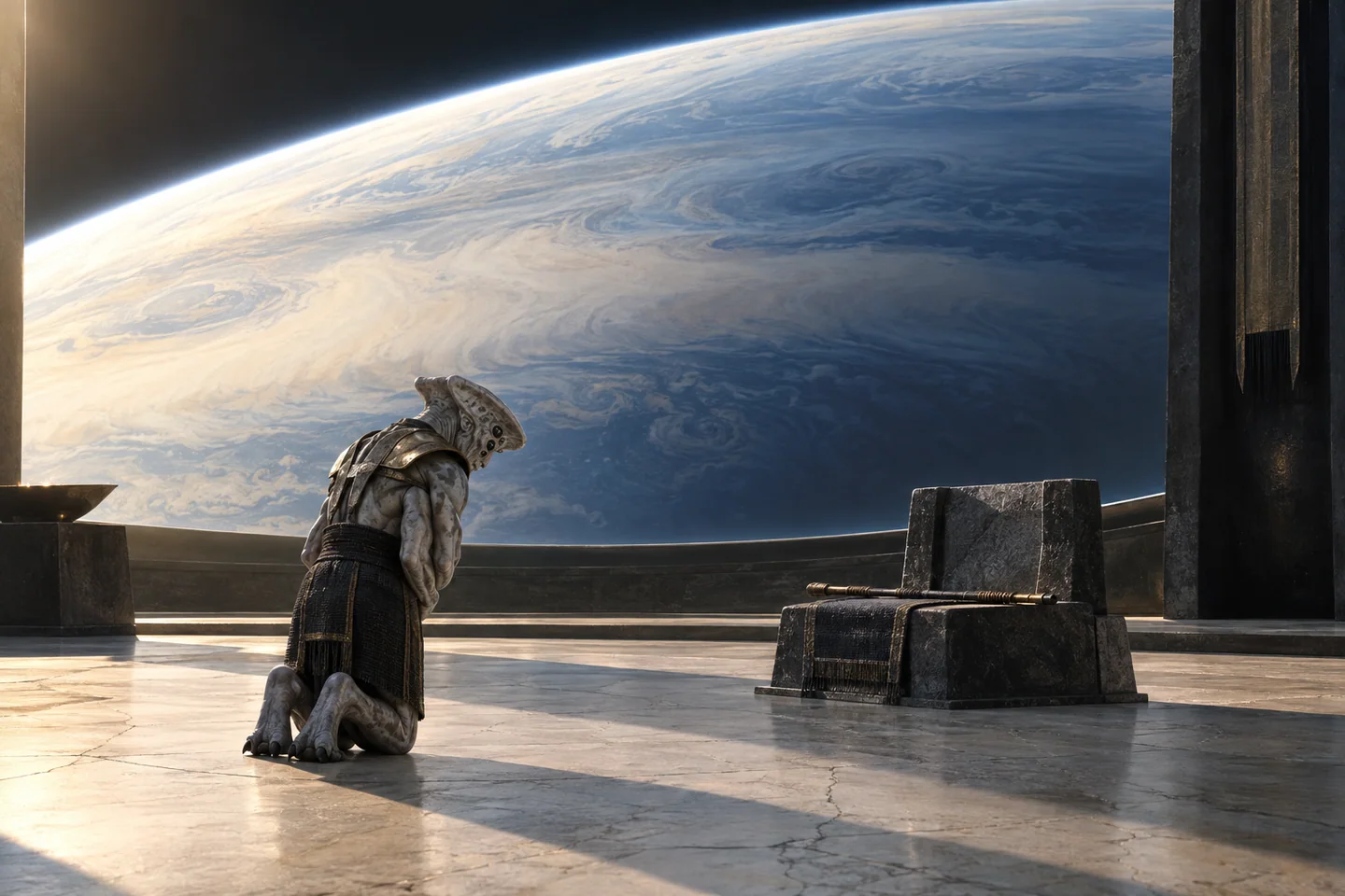 The orbital hall is fictional. A giant planet’s measured radius does not provide a solid floor or imply that an ordinary exposed landscape exists at its visible cloud tops.