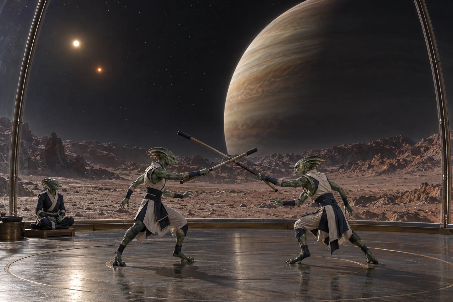 The foreground moon is entirely fictional. The two stellar lights reflect the real binary architecture, but their apparent sizes, separation and simultaneous visibility are not calculated for a specified epoch. No moon or surface ecosystem is established.