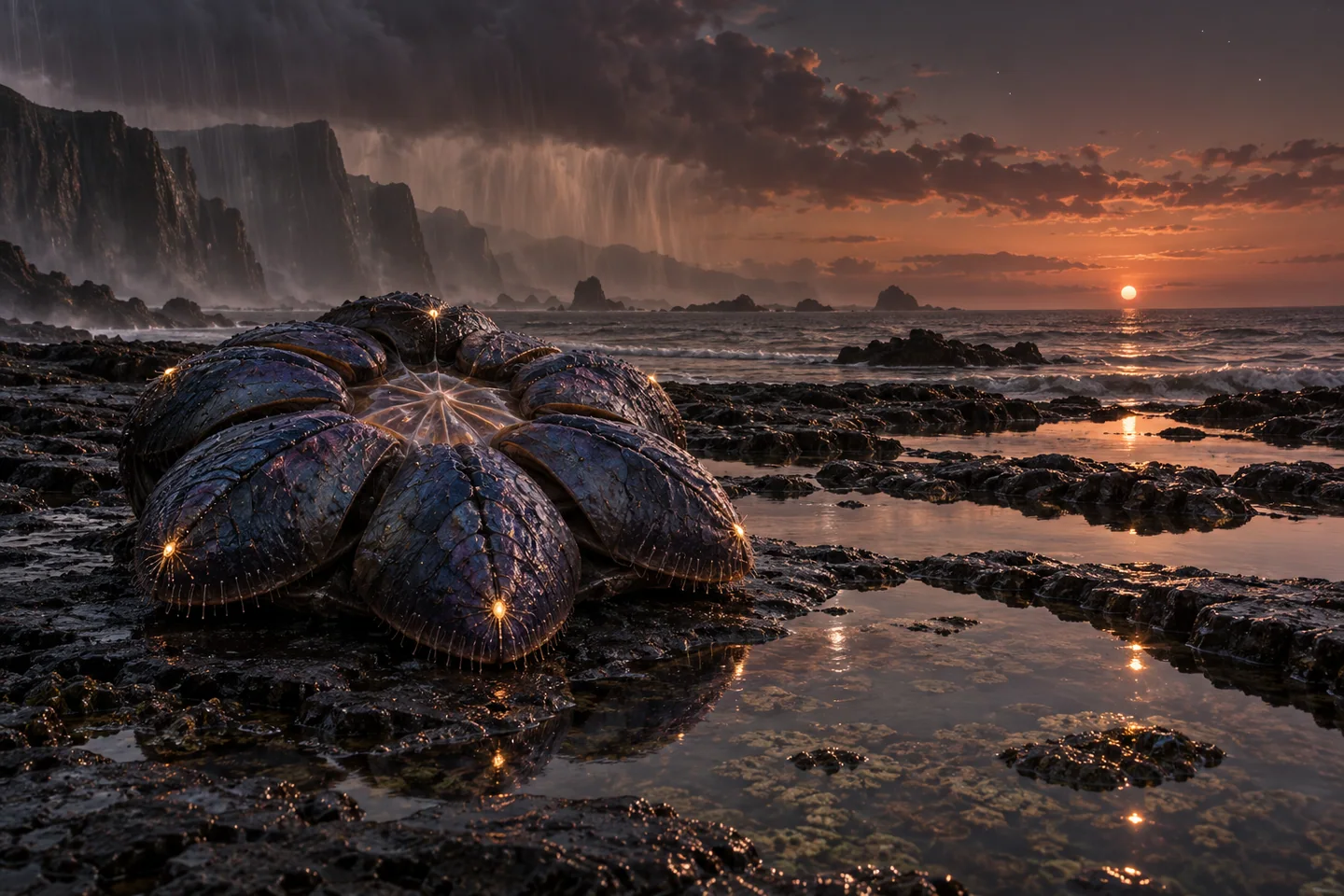 The rain, ocean and basalt coast in this scene are a speculative realization near a possible day–night boundary. The warm horizon and reflected light illustrate stellar illumination; neither the sky color nor the weather has been measured here.