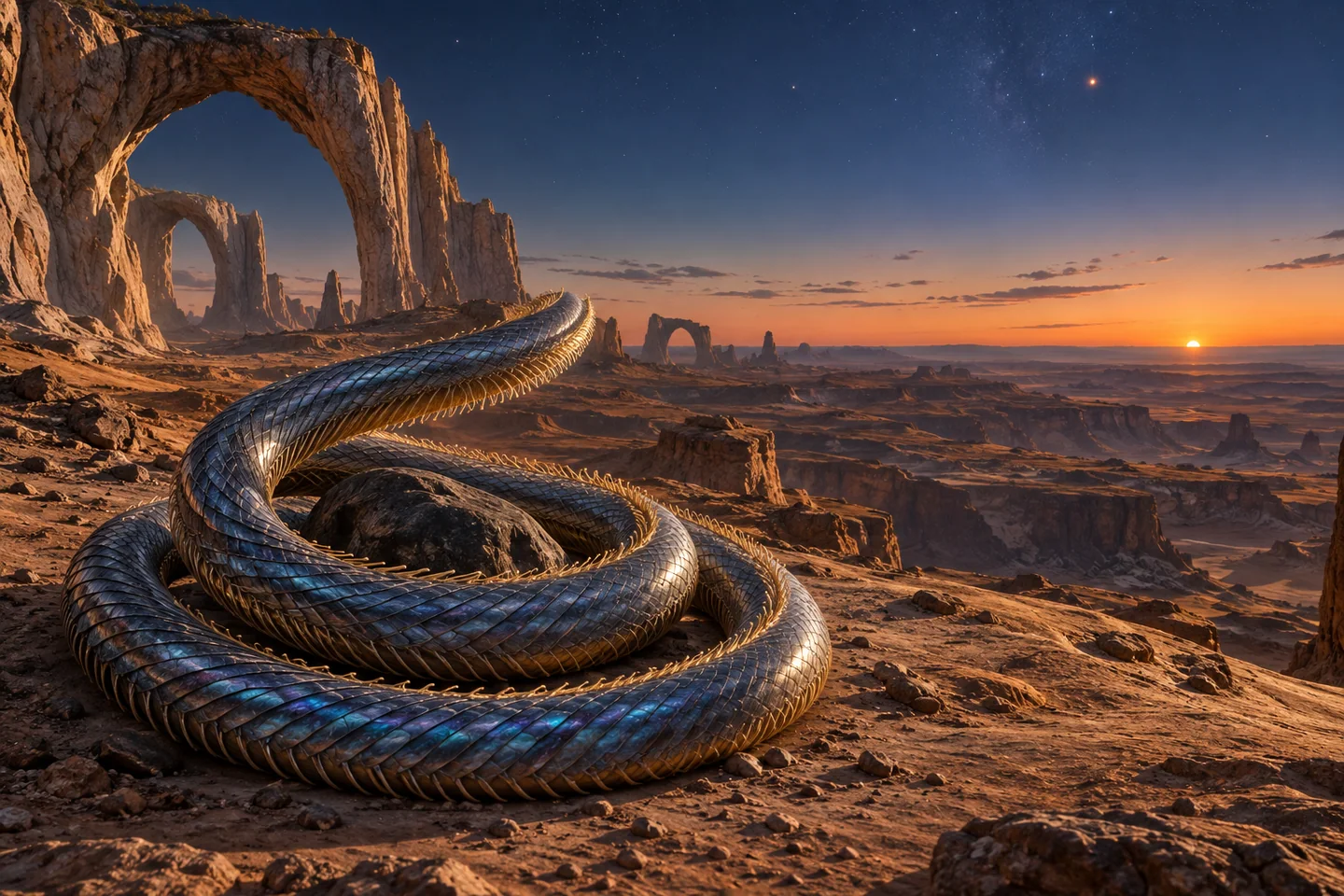 The desert, arches and twilight palette are imagined. Placement in a potentially temperate irradiation range does not by itself establish liquid water, surface pressure, a rocky landscape or biological activity.