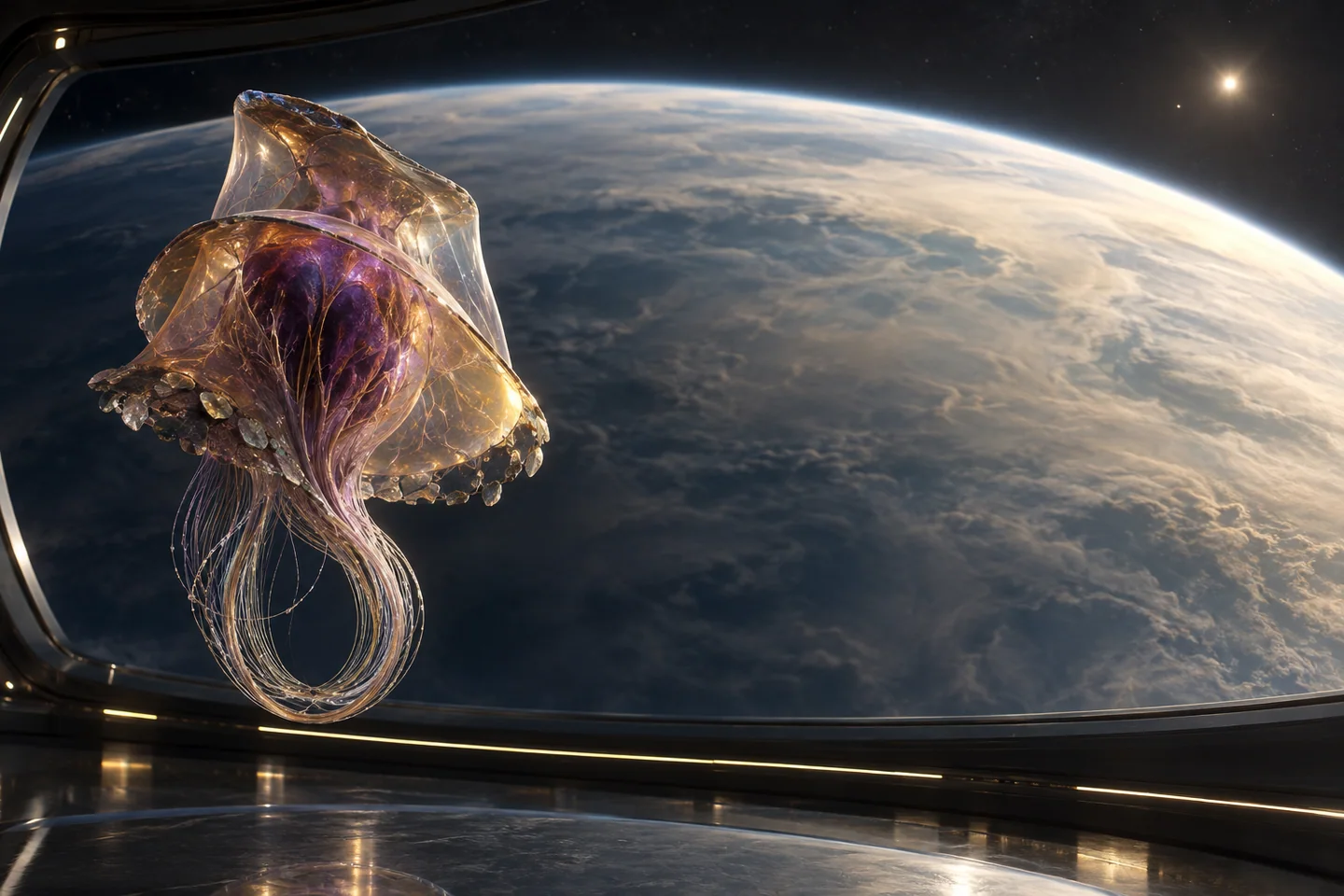 The pale cloud globe is an artistic translation of that atmospheric evidence. The orbital chamber, its viewing geometry and its contents are invented; the image does not imply a habitable exposed environment on the planet.