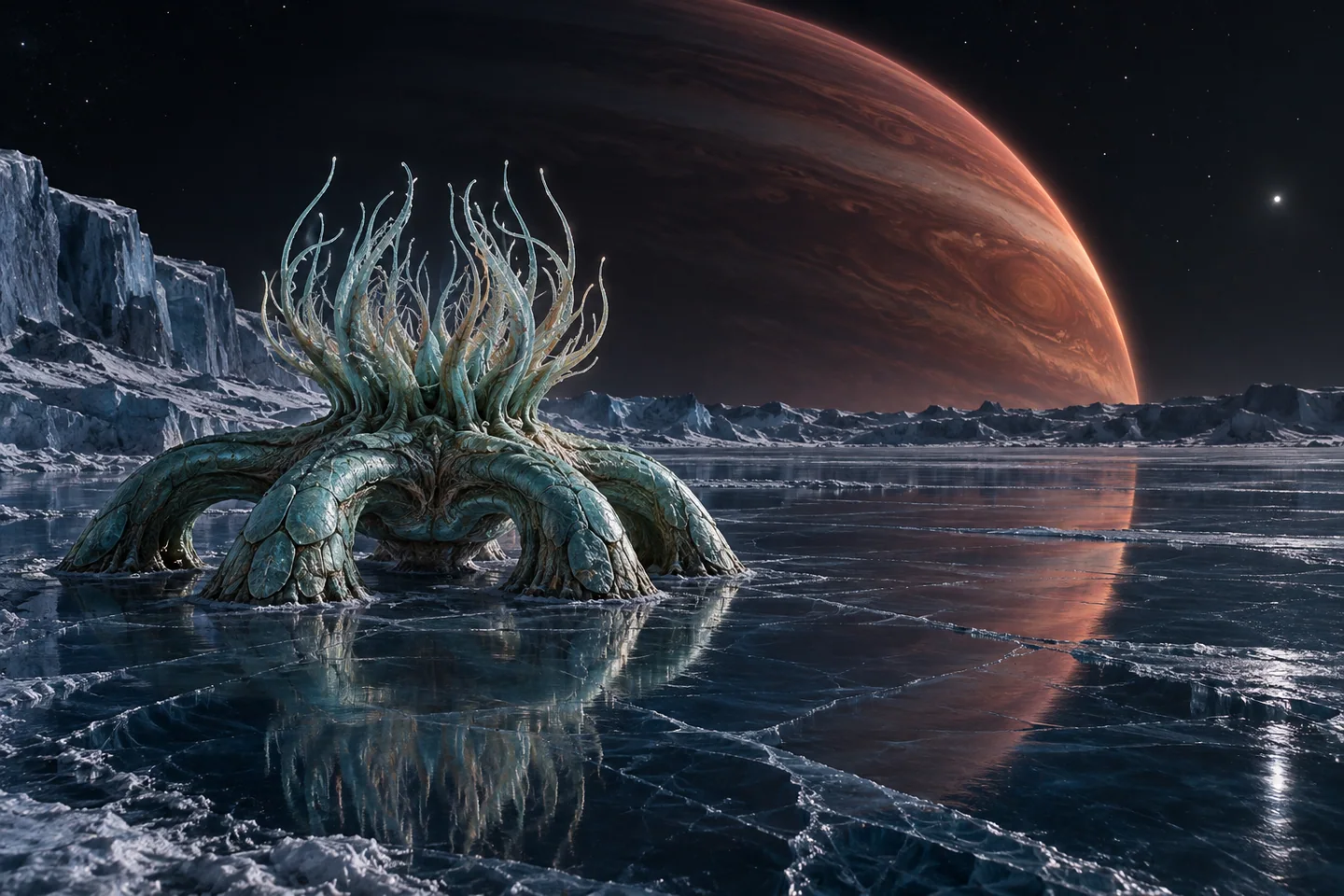 The icy foreground belongs to an invented moon. The giant’s ember coloring translates its thermal character into visible artwork and is not a calibrated human-eye view. The moon, ice and local sky brightness remain speculative.