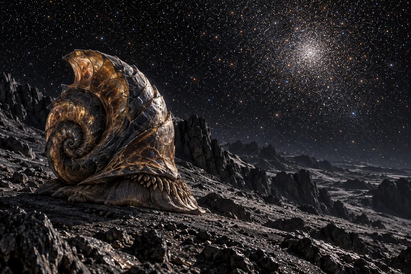 The rocky foreground is an invented moon. The dense starfield evokes the cluster environment, but individual stellar positions and brightnesses are not a simulated sky. The pulsar does not appear as an enormous visible beacon.