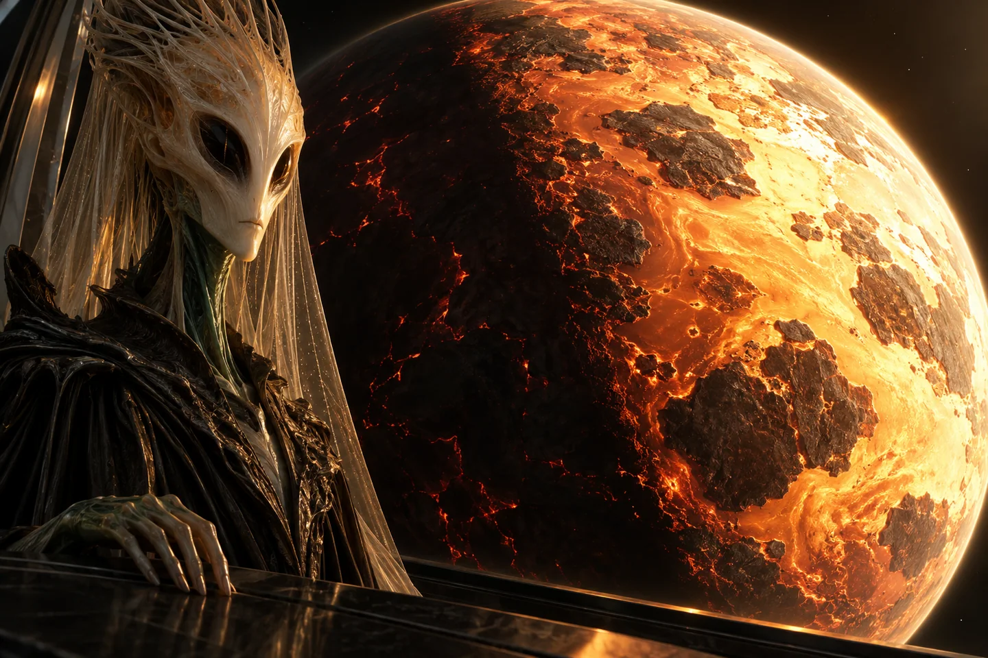 The molten hemisphere, crustal islands and atmospheric rim are an interpretation, not a resolved map. The atmosphere’s exact composition remains model dependent. Window filtering, radiation protection and the humanoid are fictional; exposed life on this scorching world is not implied.