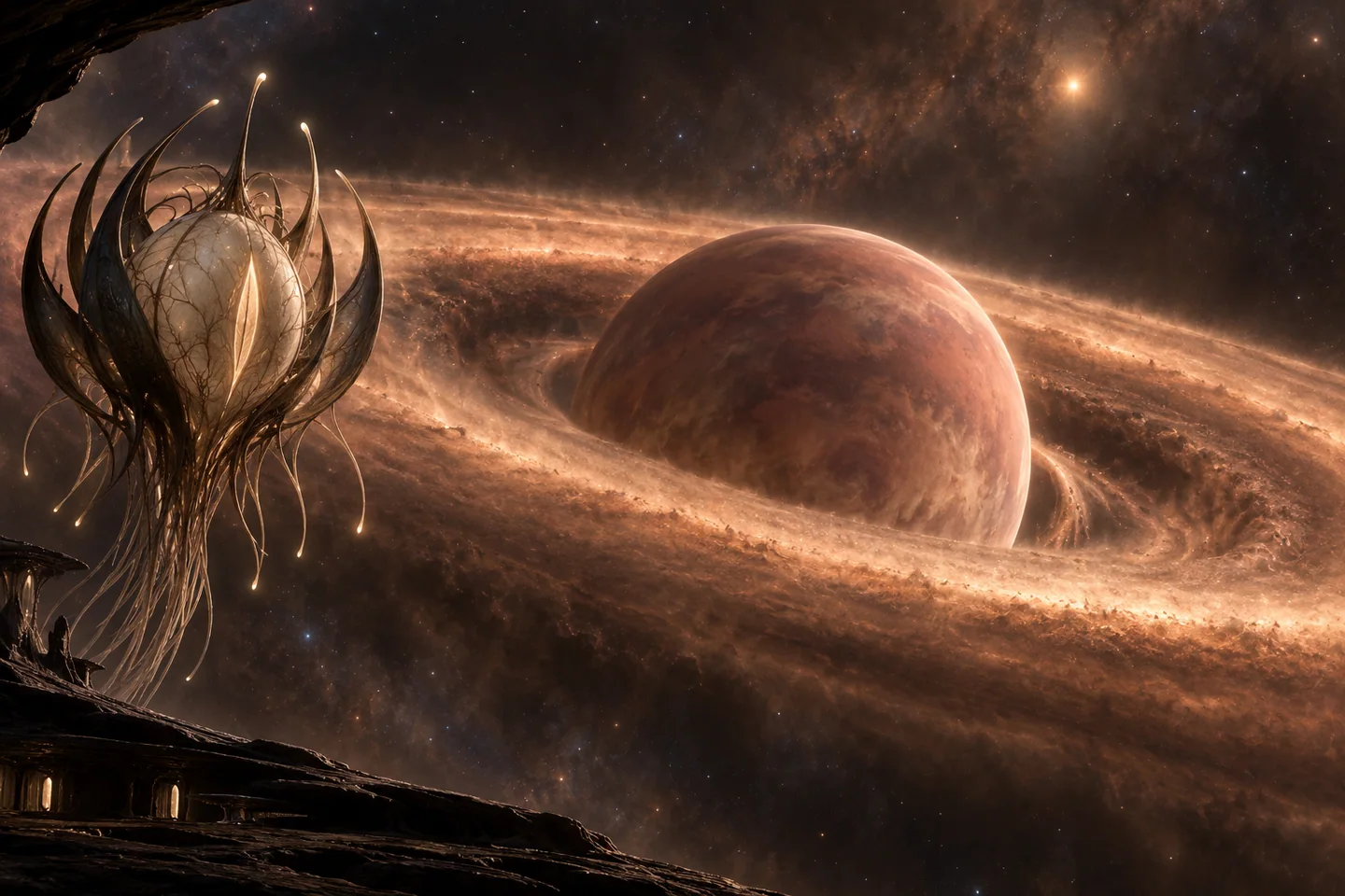 ALMA detects compact dust emission associated with PDS 70 c; infrared and hydrogen-line observations support an accreting protoplanet. The dust disk’s visible color, spiral details and nearby observer are interpretive. No moon is established by the scene. The planet is a warm object inside a disk, not a black hole. The relative sizes of planet and disk are compressed for legibility.