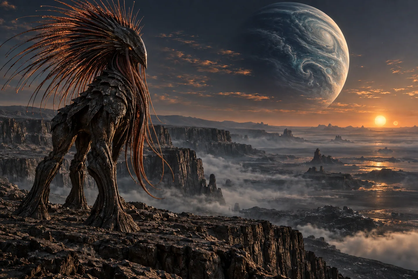 Kepler-16 b and its binary host are real. The foreground is an invented moon, not the surface of the gas giant. The copper-crowned being, basalt terrain, mist and surface reflections are fictional. The giant’s indigo atmosphere, pearl cloud veils and vortices are artistic choices, not an observed cloud map. Apparent sizes, star positions, illumination and phase are composed for the picture rather than calculated for a dated viewpoint.