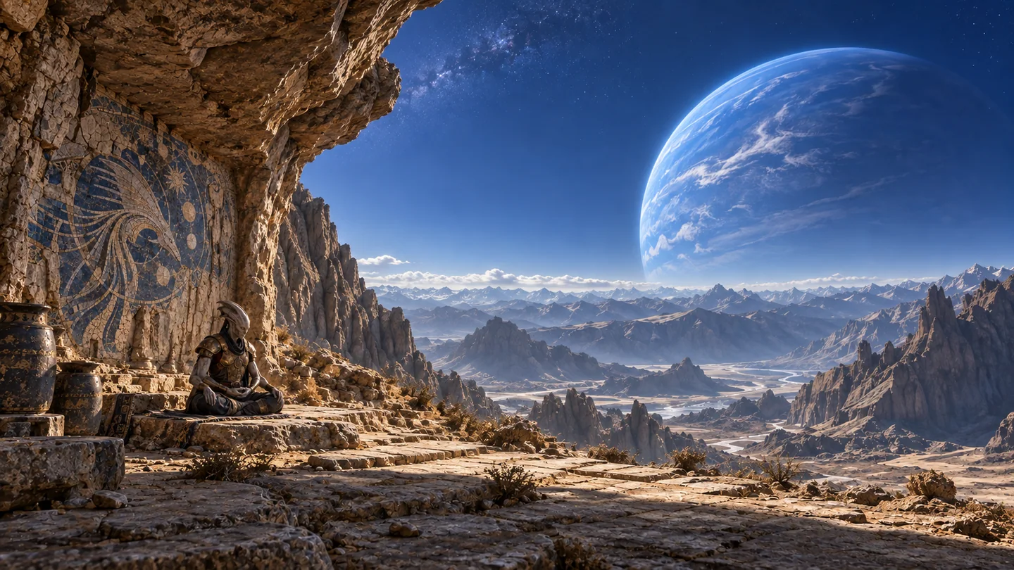 The rocky moon, atmosphere, blue cloud colors, cliff sanctuary, mosaic and warrior are fictional. The setting is on solid ground with an open view across terrain. The giant's mass is constrained through stellar motion; its cloud colors, weather and apparent size in this scene are not measured. No orbit or moon-stability calculation is claimed.