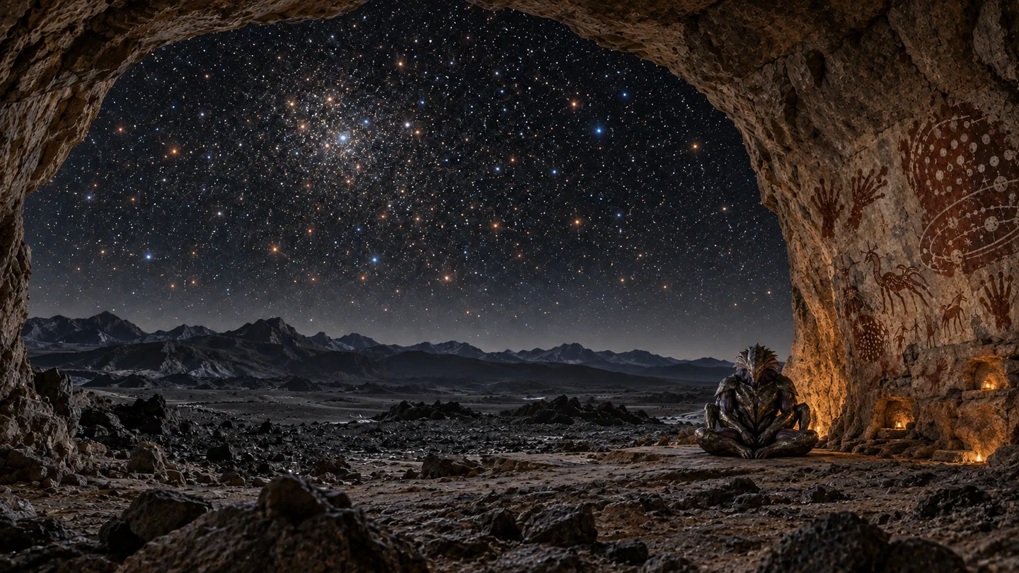 The moon, cave, local conditions, artwork and being are invented. The ground extends outdoors through an open cave mouth. The dense star field evokes membership in M4 without reproducing a calculated sky. The pulsar and white dwarf are not rendered as giant suns or visible radio beams. Small fictional lamps supply the warm cave illumination; the organism's physiology is not a habitability claim.