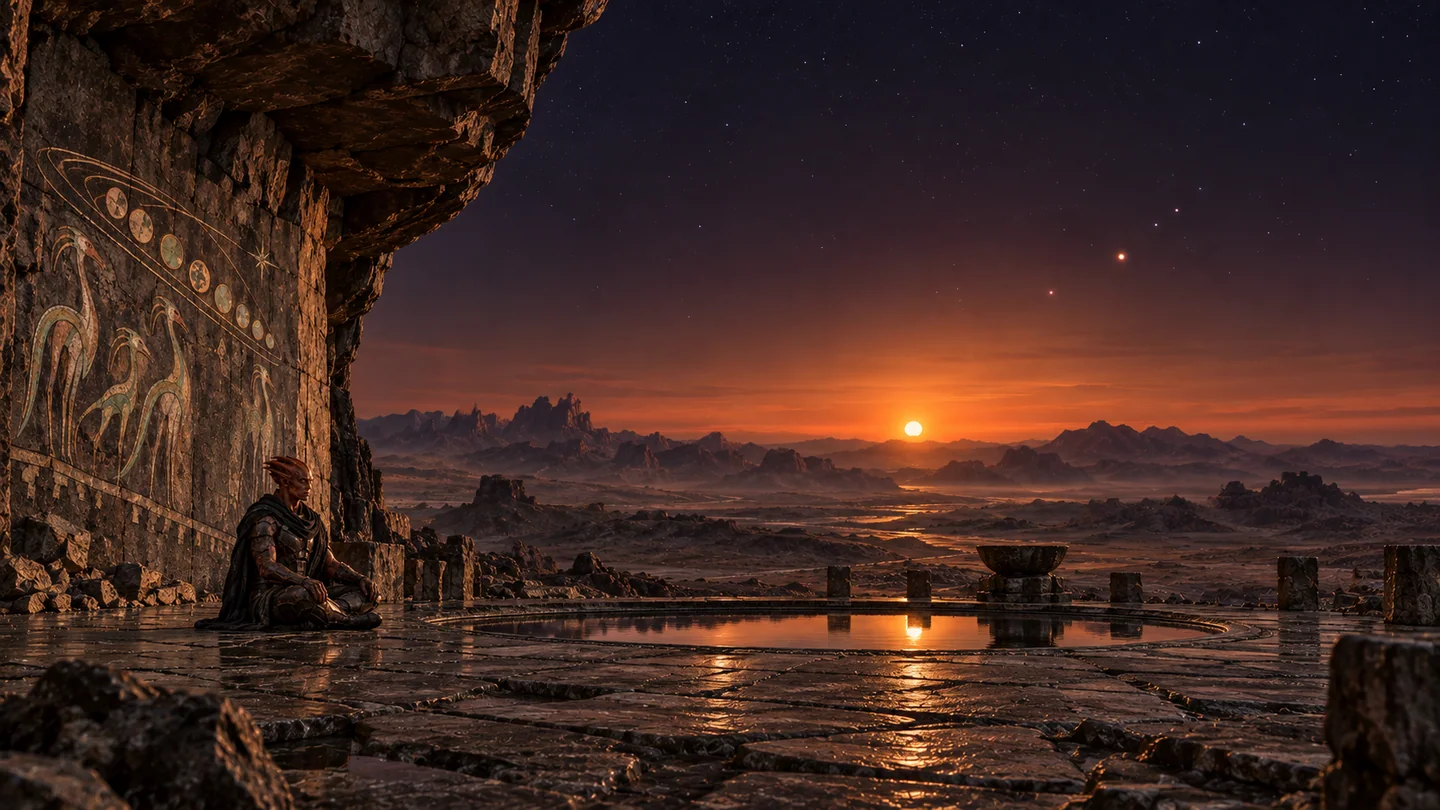 The terrain, sky color, shelter, warrior, mural and local atmosphere are hypothetical. The dark sky and low host star illustrate a possible viewing arrangement rather than a measured climate or permanent terminator. Tiny additional lights evoke companion planets; no identities or conjunction date are assigned. Their apparent positions and brightnesses are not a sky prediction. The reflecting basin and possible reflective channels are invented; the image is not evidence for liquid water.