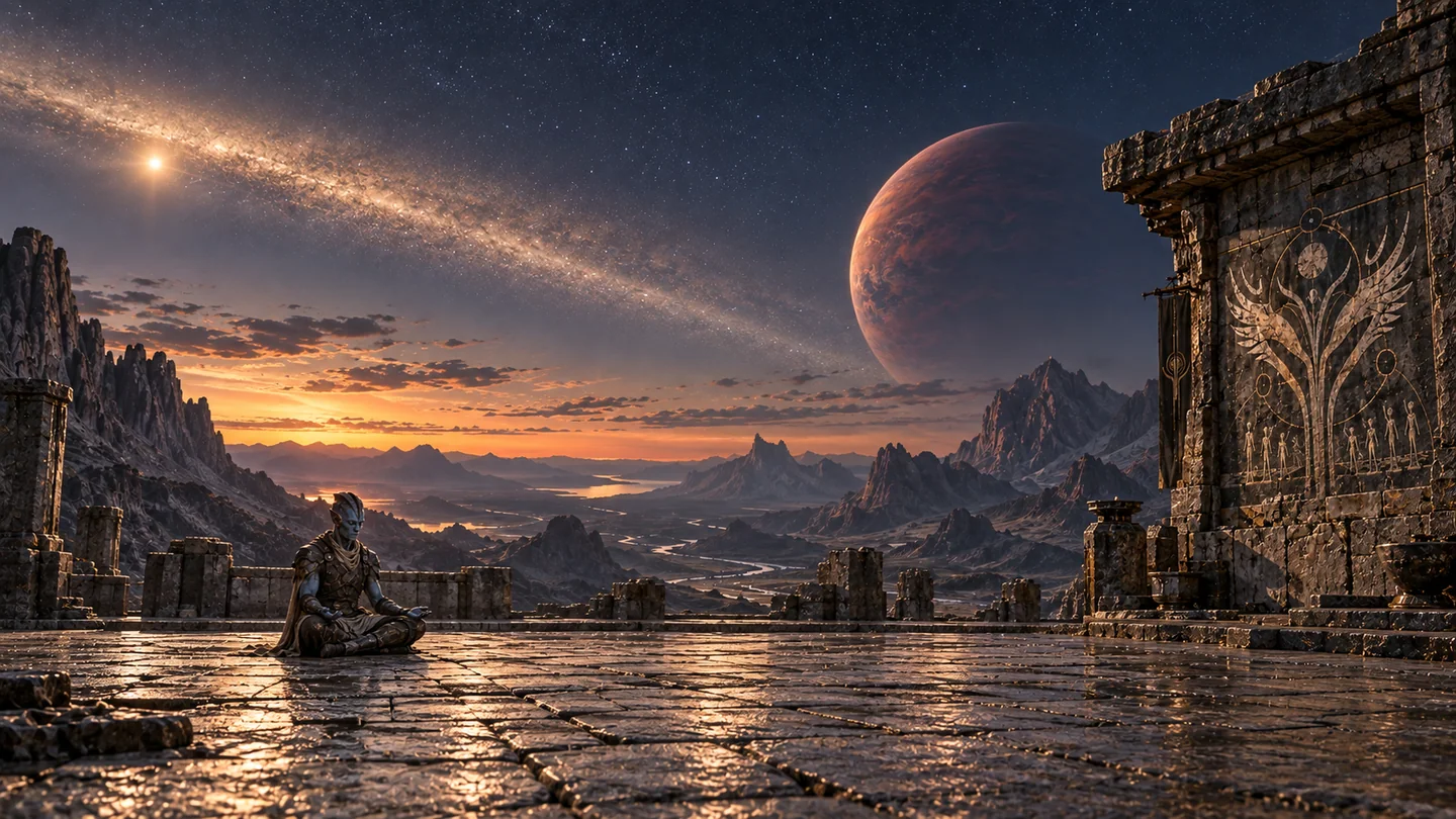 The moon, terrain, atmosphere, open courtyard, warrior and relief are fictional. The broad dust structure is circumstellar, not a ring around the parent planet. Its visible brightness and viewing angle are enhanced for the composition. The giant's muted thermal coloring is an artistic translation rather than a calibrated eye-view. Neither moon stability nor a particular orbital phase is modeled.