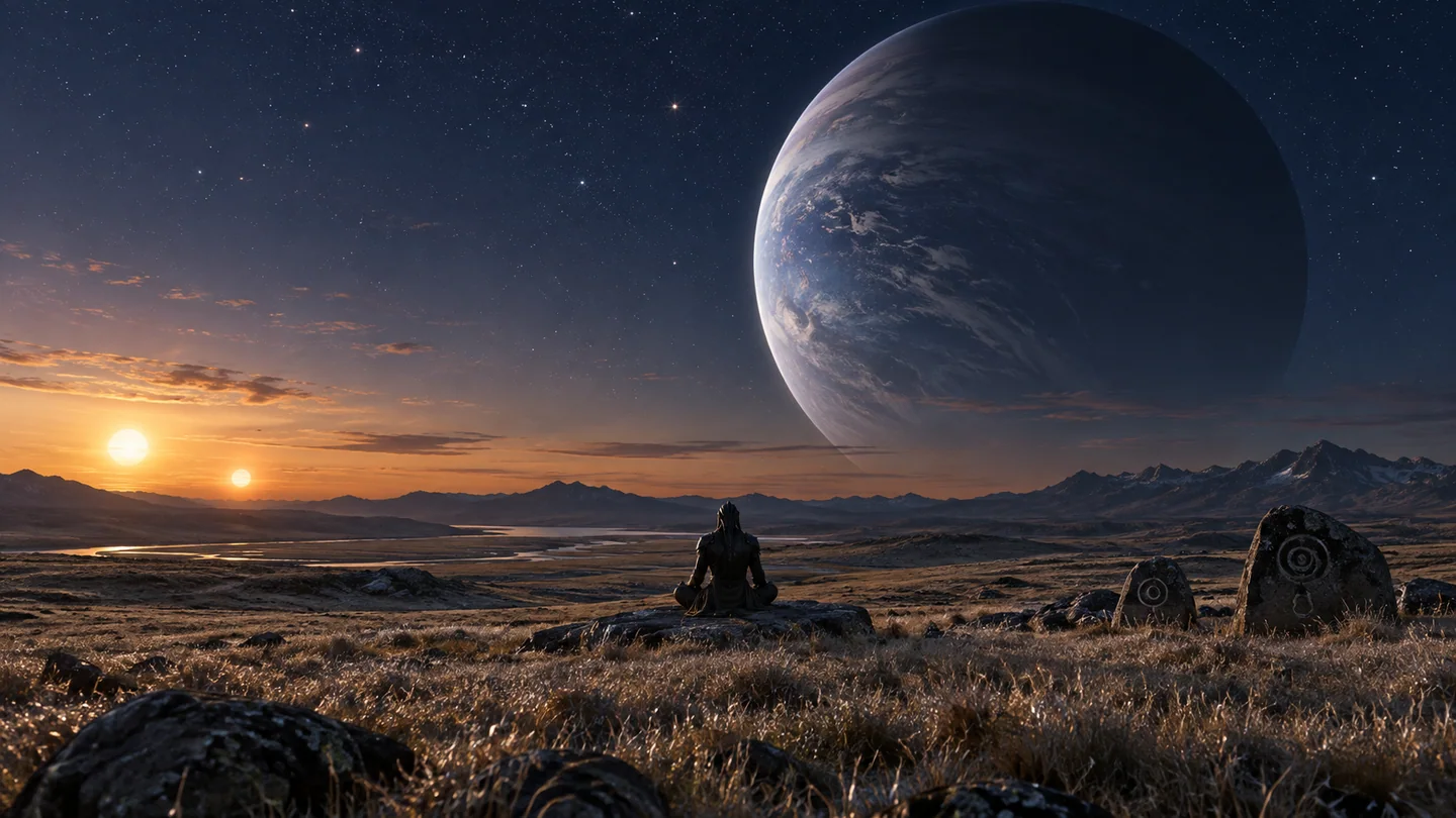 The moon, atmosphere, field vegetation, engraved stones and warrior are invented. Kepler-16 b is the parent gas giant in the sky, not the solid ground. Its real binary hosts motivate the paired small suns; their positions, sizes, the planet's phase and the sky exposure are illustrative rather than a computed observing epoch. No plant life, moon or surface environment has been detected.