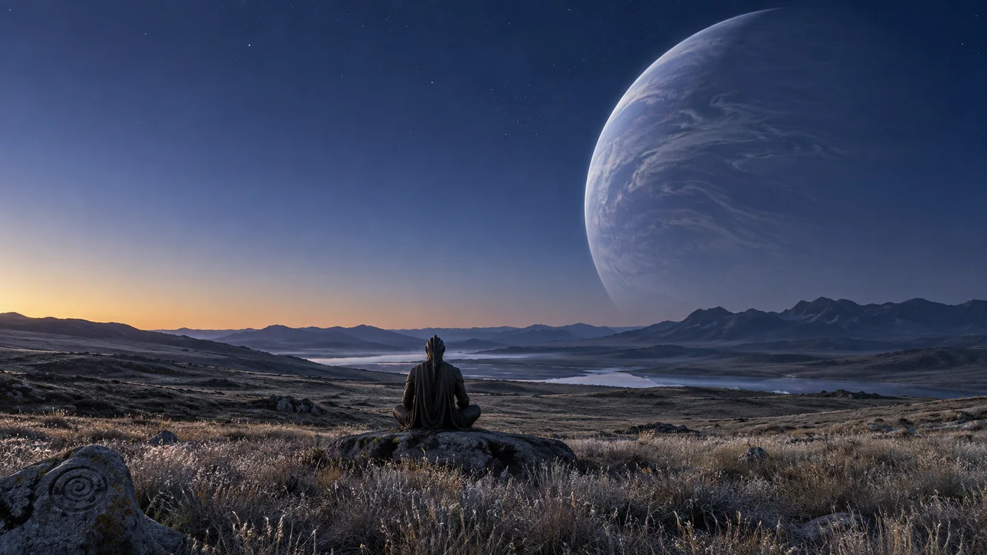 The moon, grasslike vegetation, atmospheric haze, engraved stones and warrior are fictional. The parent giant is in the sky, not beneath the terrain. Its cloud structures, color, phase and angular diameter are illustrative. Both host stars are outside the frame; the sky does not reconstruct an observing date.
