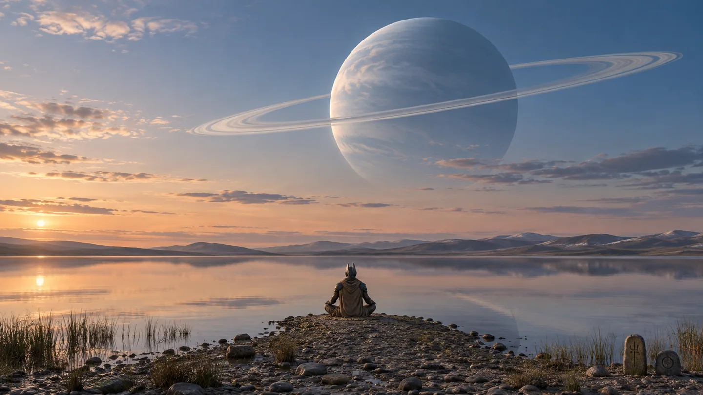 The moon, lake, atmosphere, warrior, planet color and rings are all invented. The rings are a compositional hypothesis, not a detection. Their ellipse, shadows and occultation should remain coherent, but no particle distribution or satellite dynamics are calculated.