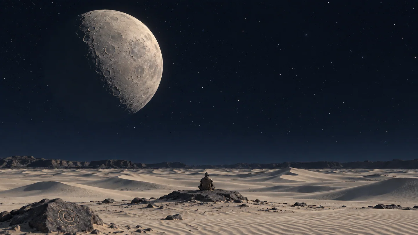 The dunes, atmosphere, solid surface appearance, moon and warrior are hypothetical. The large cratered moon is unconfirmed; its size and orbit are not constrained or dynamically validated. The catalog mass limit must not be read as a precise measured mass.