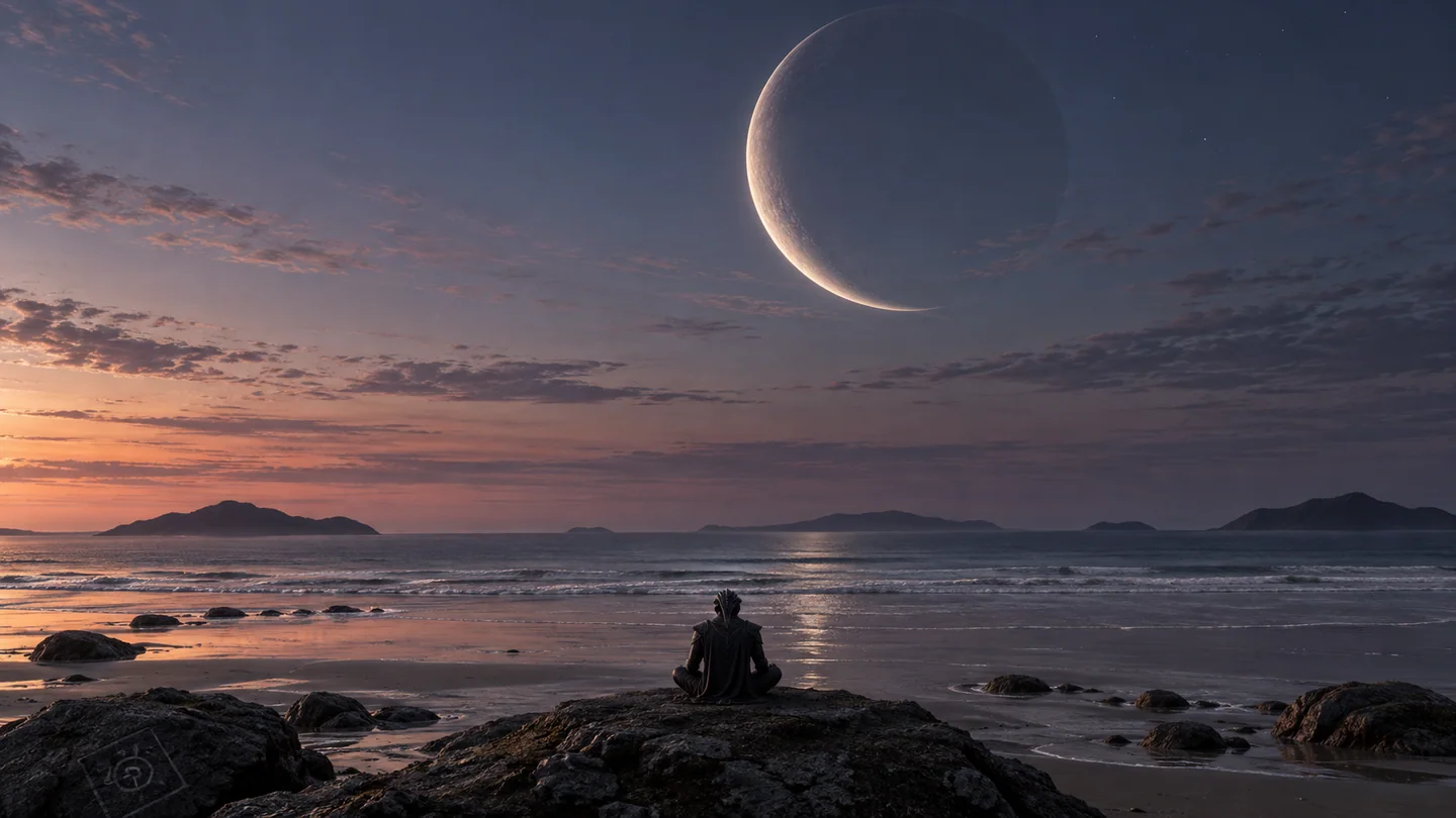 The sea, beach, local atmosphere, reflective liquid, moon and warrior are imagined. Radial velocities do not directly map Proxima b's radius or terrain. The crescent moon is unconfirmed. Its phase and apparent size, and the shoreline's illumination, are artistic choices.