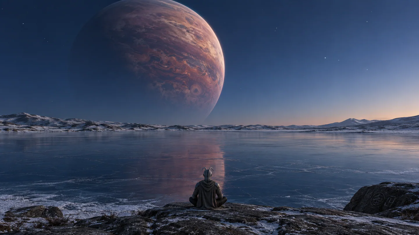 The moon, lake, ice, atmosphere and warrior are fictional. The young giant's muted warm hue is a visible artistic translation of thermal infrared emission, not a prediction of naked-eye color. The icy terrain is not the giant's own surface. Satellite dynamics and local climate are unmodeled.