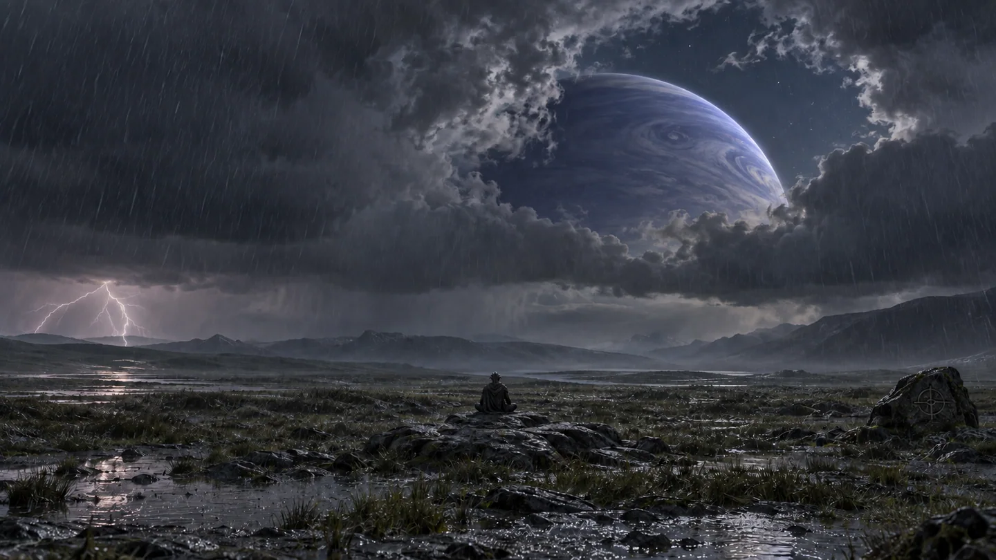 The moon, breathable-looking sky, field, rain, lightning and warrior are invented. Kepler-1647 b is the giant above the land, not the surface being occupied. Clouds obscure the two real stellar hosts. Weather, planetary phase and local illumination are not predictions for this system; no moon stability or climate model is claimed.