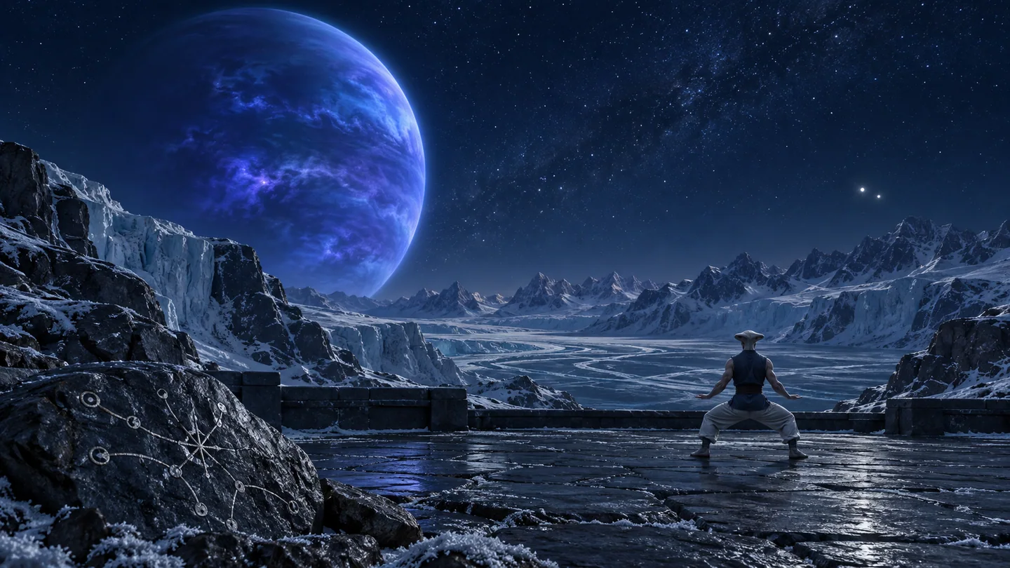 The icy moon, stable satellite orbit, glacier, courtyard, atmosphere, alien and carvings are fictional. The giant's cobalt emission, cloud map, brightness and apparent diameter are artistic. The binary point separation is illustrative; the catalog's single-star parameter row and unflagged circumbinary field are not a full model of the binary established in the cited study.