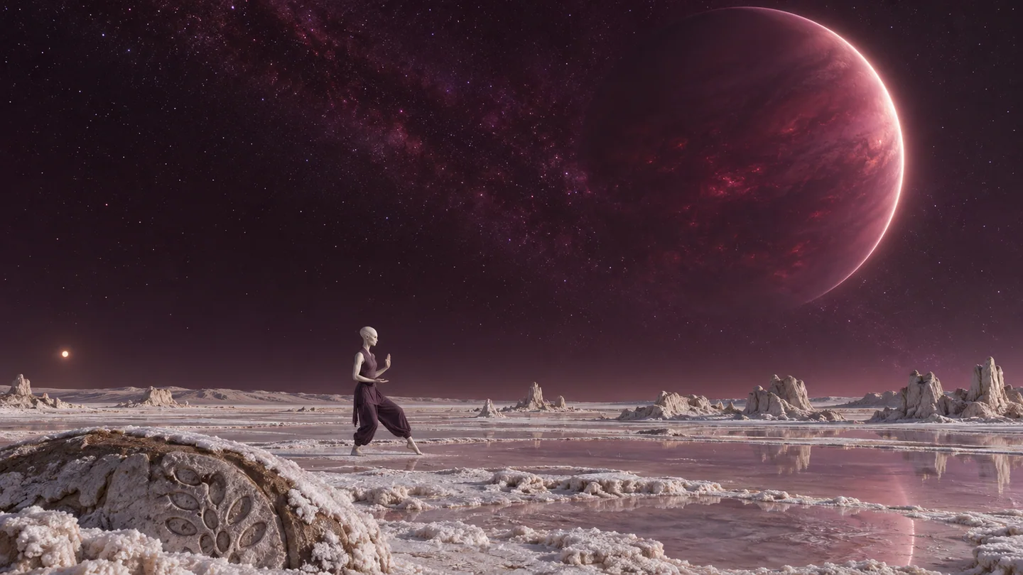 The foreground moon, brines, salt formations, atmosphere and being are fictional. No satellite orbit or liquid chemistry is established. The crescent illumination, brighter limb, interior glow and detailed cloud pattern are composed artistically and do not predict a naked-eye view from a known moon.
