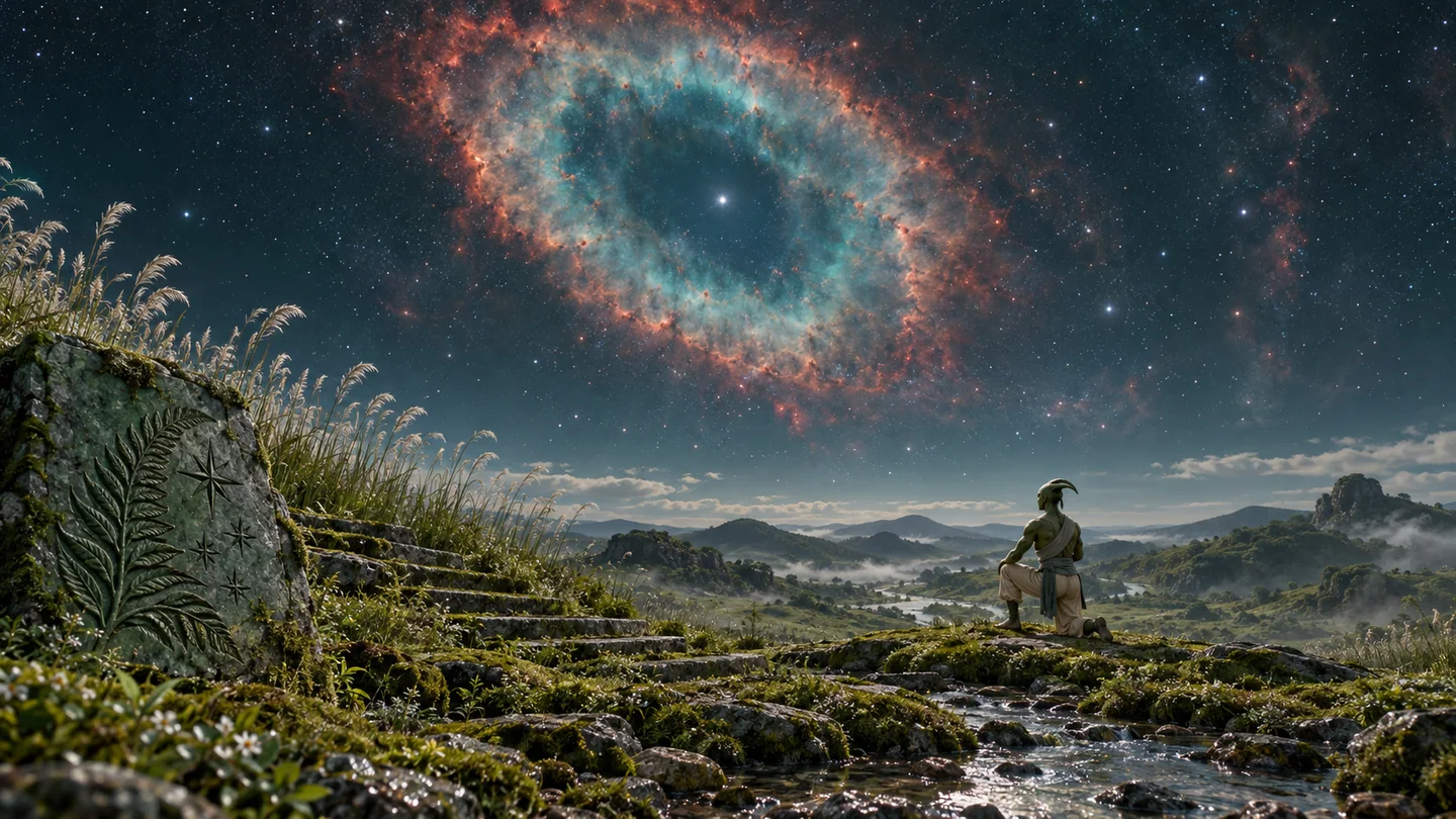 The local planet, star, viewing distance, garden, brook, atmosphere, life and artwork are invented. The nebula's angular extent, color intensity, projection and foreground illumination are artistically enhanced. These are not naked-eye exposure predictions or evidence of a habitable nearby world.