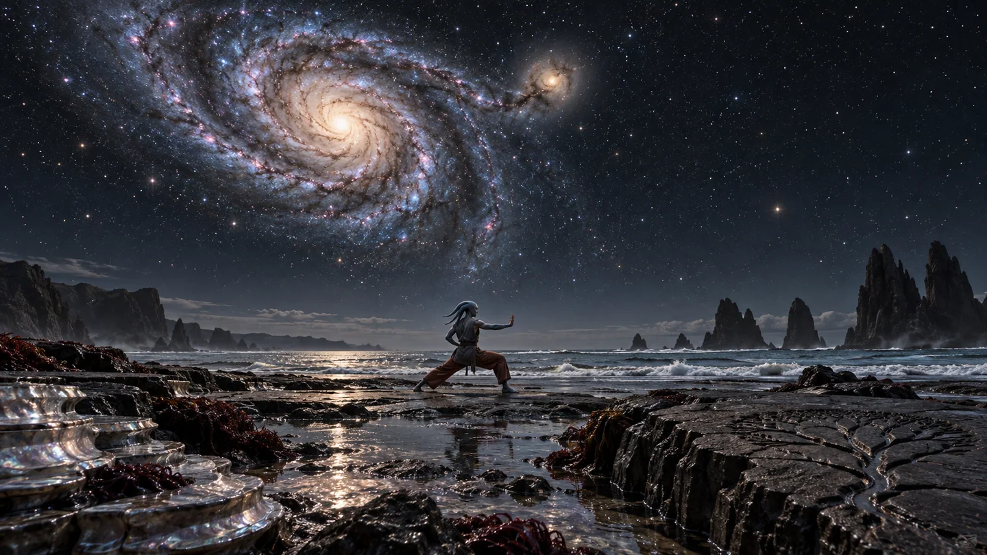 Nacre, its local star, orbit, ocean, flora, atmosphere and warrior are invented. Galaxy inclination, apparent size, individual arms, sky brightness and scene exposure are illustrative. No confirmed exoplanet assignment or exact perspective reconstruction is claimed.