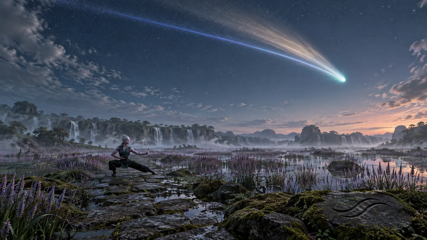 The world, comet, orbit, viewing date, atmosphere, wetland, vegetation and warrior are invented. The two-tail morphology uses real comet physics as a visual reference, while size, brightness, colors and geometry are artistic. No catalog properties or real exoplanet assignment are supplied.
