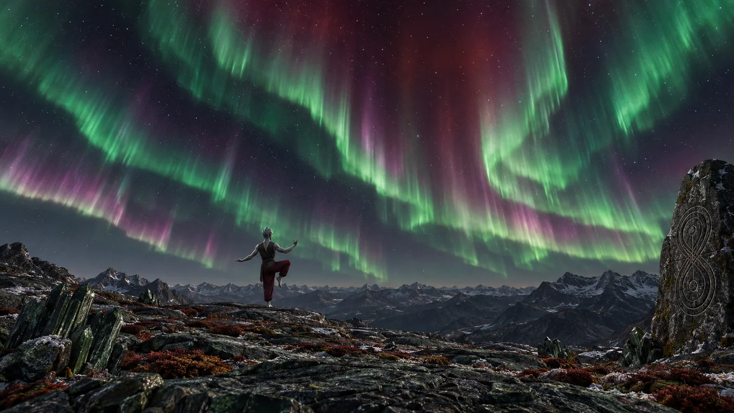 Thal, its star, magnetic field, atmospheric composition, aurora, mineral formations, life and culture are fictional. Colors and brightness are composed for the scene, not inferred from a detection. The warrior's alignment with the sky is artistic; no biological energy transfer is asserted.
