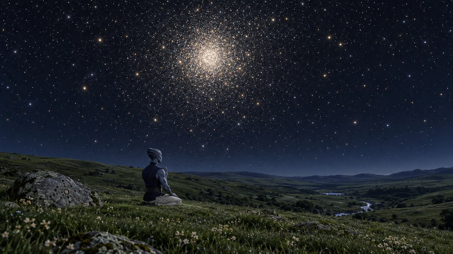 Lethen is an invented world, not a detected planet in Omega Centauri. The cluster is inspired by observed morphology. For scale, an illustrative 150-light-year extent at 570 light-years spans about 15 degrees; this is an exterior viewing example, not a catalog location. Moonlike off-frame illumination and long-exposure sensitivity account for visible grass and faint stars; the vegetation, atmosphere and culture are fictional.