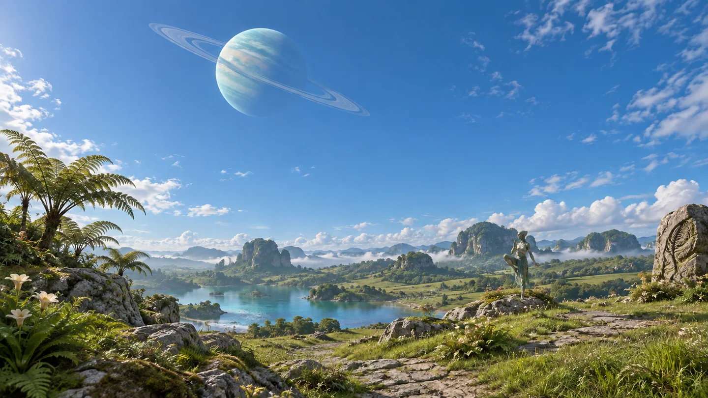 Olara, its ringed parent giant and their environment are fictional; neither has a real planet or host assignment. A satellite at 12 parent radii would see the parent span about 9.6 degrees, while rings extending to 2.5 radii could span about 24 degrees along their major axis. These illustrative dimensions motivate the composition; orbital inclination, long-term stability and climate remain unspecified. Greenery is imagined biology.