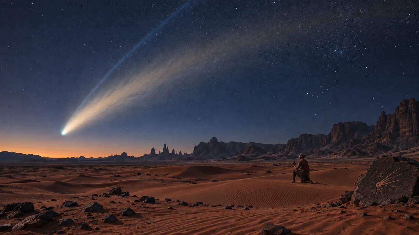 Ivara and this comet are invented. No real comet ephemeris or orbital distance is assigned. The tail geometry places the illuminating star below the horizon near the coma, with both tails stretching away across the sky. The scene depicts a rare bright-comet appearance with photographic sensitivity; the coma is not the solid nucleus.