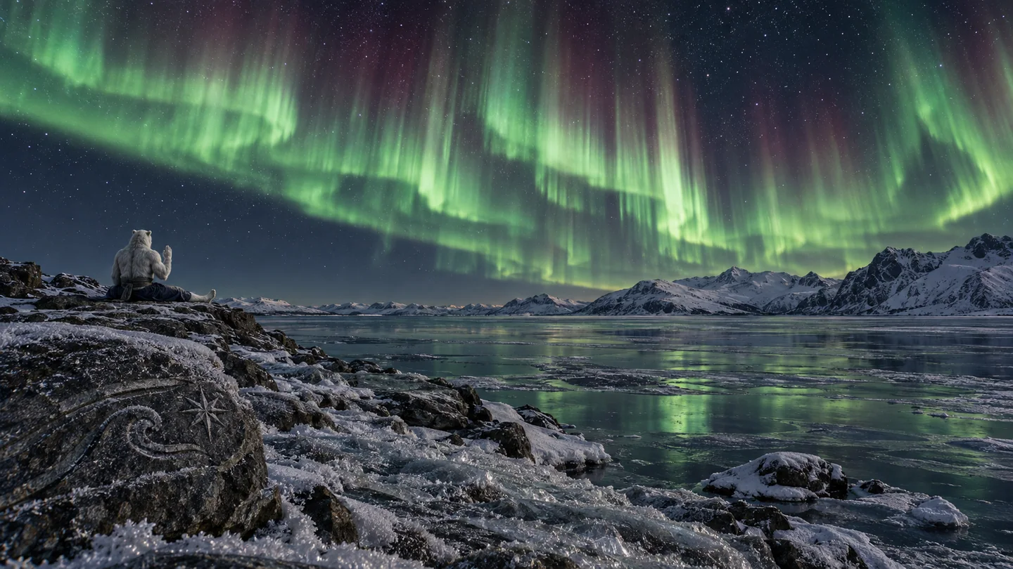 Kheln, its atmospheric chemistry, magnetic field, ice, organism and off-frame light source are fictional. Earthlike colors are used as a physical analogy, not a measurement of alien gases. Auroral morphology is referenced to observations, but its exact altitude, spectrum and brightness are not calculated.