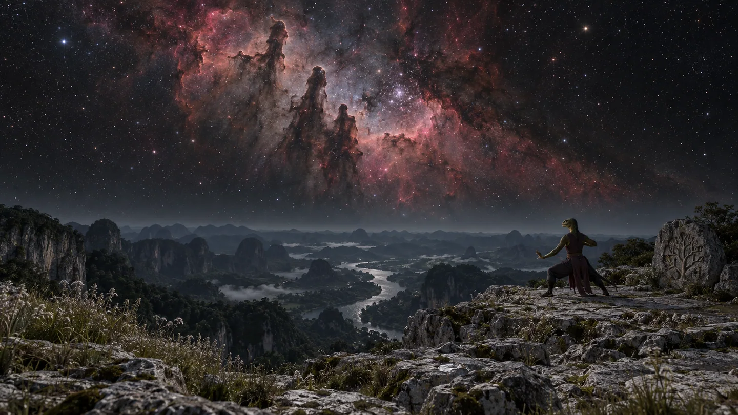 Miruun is invented and has no assignment to a detected star or planet. Carina is a morphological reference. A cloud complex 100 light-years wide viewed from 150 light-years away would span about 37 degrees; these are illustrative scale choices. Nebular color uses photographic sensitivity, while a separate off-frame moonlike source lights the terrain. No radiation environment or habitability model is asserted.